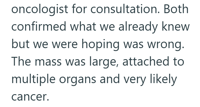 oncologist for consultation. Both confirmed what we already knew but we were hoping was wrong. The mass was large, attached to multiple organs and very likely cancer.