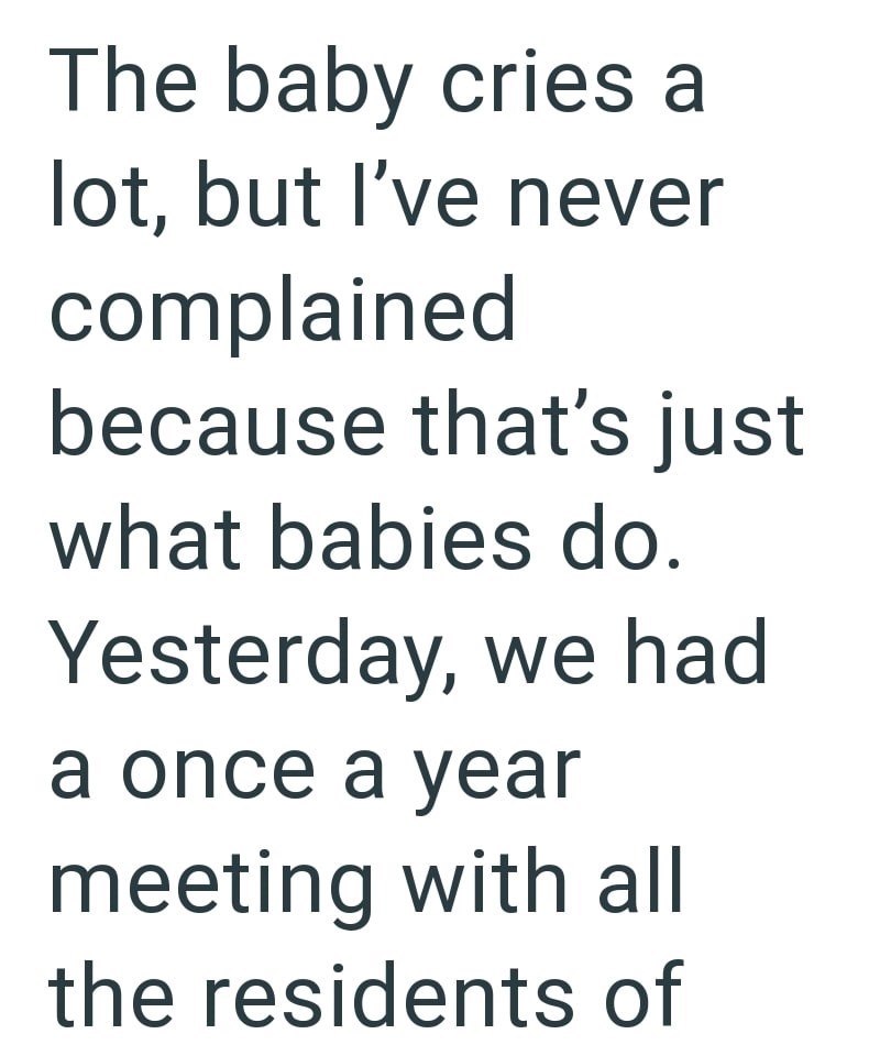 The baby cries a lot, but I've never complained because that's just what babies do. Yesterday, we had a once a year meeting with all the residents of