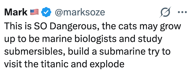 Mark @marksoze Ø.. This is SO Dangerous, the cats may grow up to be marine biologists and study submersibles, build a submarine try to visit the titanic and explode