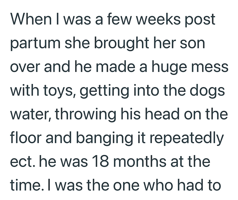When I was a few weeks post partum she brought her son over and he made a huge mess with toys, getting into the dogs water, throwing his head on the floor and banging it repeatedly ect. he was 18 months at the time. I was the one who had to