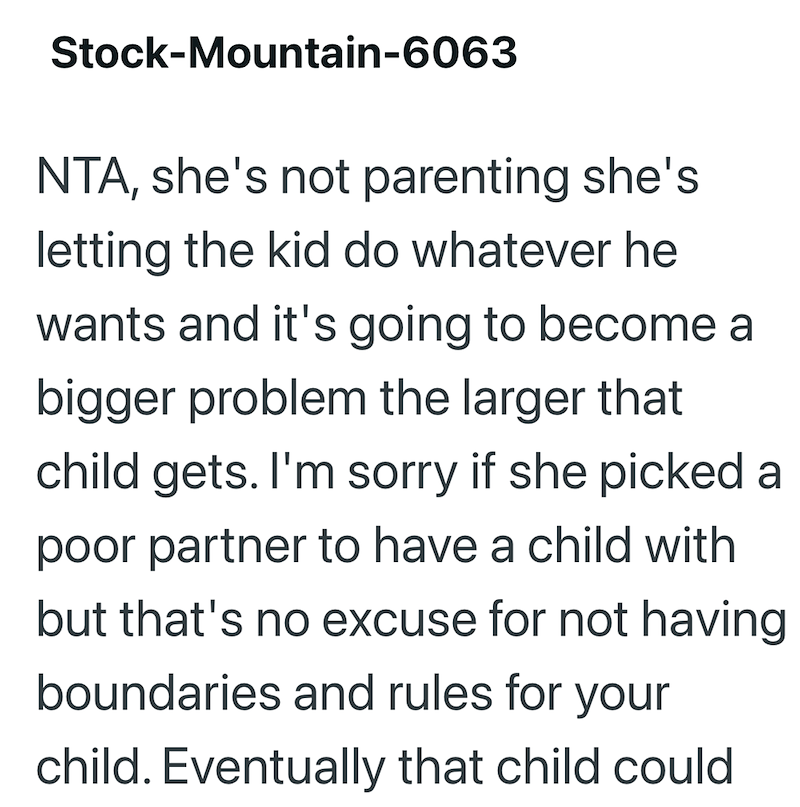 Stock-Mountain-6063 NTA, she's not parenting she's letting the kid do whatever he wants and it's going to become a bigger problem the larger that child gets. I'm sorry if she picked a poor partner to have a child with but that's no excuse for not having boundaries and rules for your child. Eventually that child could