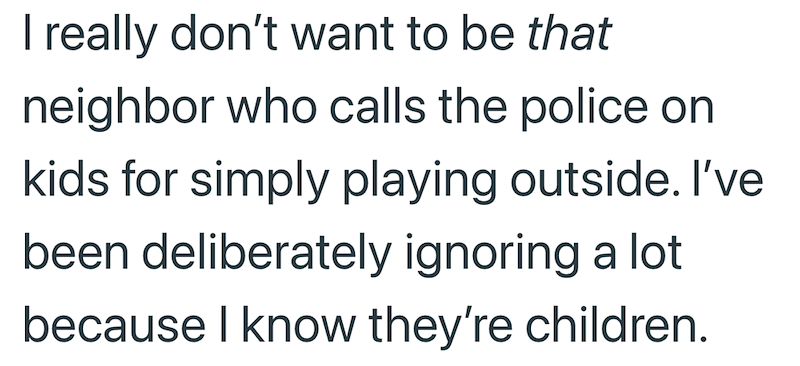 I really don't want to be that neighbor who calls the police on kids for simply playing outside. I've been deliberately ignoring a lot because I know they're children.