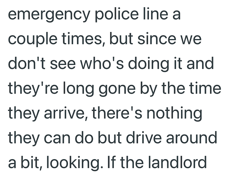 emergency police line a couple times, but since we don't see who's doing it and they're long gone by the time. they arrive, there's nothing they can do but drive around a bit, looking. If the landlord