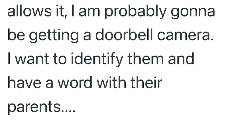 allows it, I am probably gonna be getting a doorbell camera. I want to identify them and have a word with their parents....