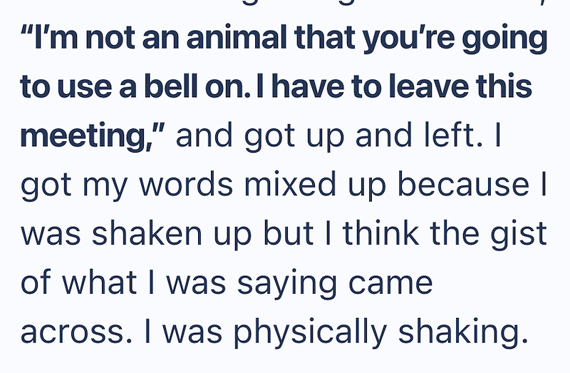 "I'm not an animal that you're going to use a bell on. I have to leave this meeting," and got up and left. I got my words mixed up because I was shaken up but I think the gist of what I was saying came across. I was physically shaking.