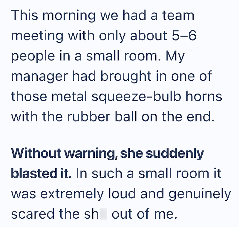 This morning we had a team meeting with only about 5-6 people in a small room. My manager had brought in one of those metal squeeze-bulb horns with the rubber ball on the end. Without warning, she suddenly blasted it. In such a small room it was extremely loud and genuinely scared the sh out of me.