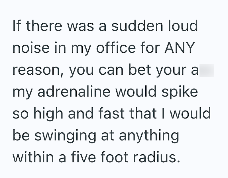 If there was a sudden loud noise in my office for ANY reason, you can bet your a my adrenaline would spike so high and fast that I would be swinging at anything within a five foot radius.