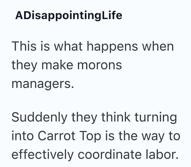 ADisappointingLife This is what happens when they make morons managers. Suddenly they think turning into Carrot Top is the way to effectively coordinate labor.