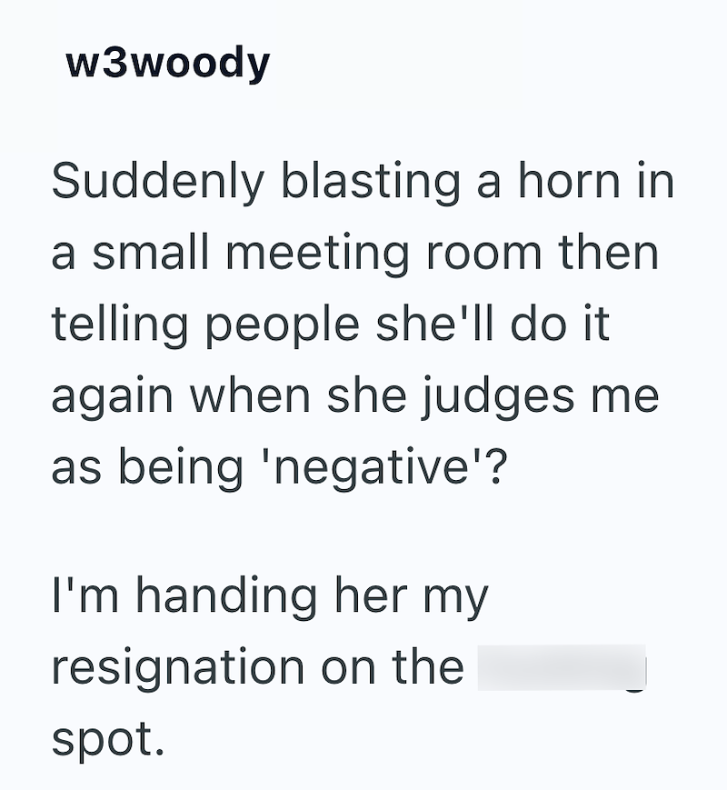 w3woody Suddenly blasting a horn in a small meeting room then telling people she'll do it again when she judges me as being 'negative'? I'm handing her my resignation on the spot.