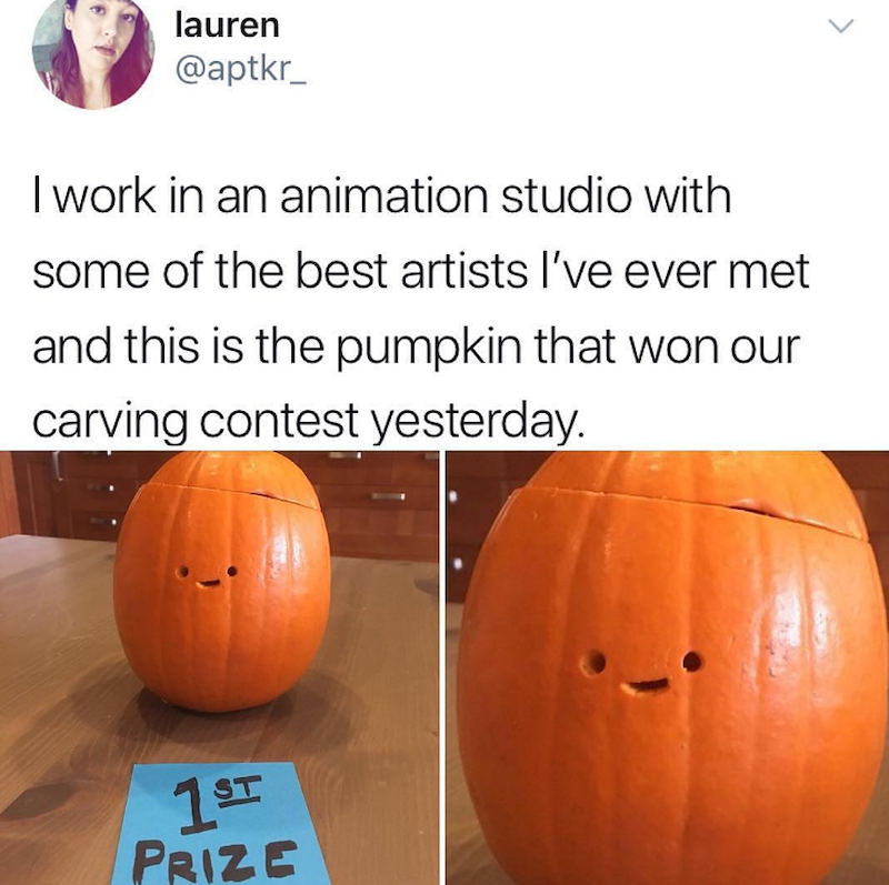 lauren @aptkr I work in an animation studio with some of the best artists I've ever met and this is the pumpkin that won our carving contest yesterday. 1ST PRIZE