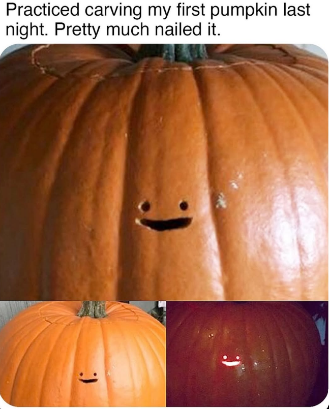 Practiced carving my first pumpkin last night. Pretty much nailed it.