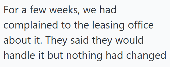 For a few weeks, we had complained to the leasing office about it. They said they would handle it but nothing had changed