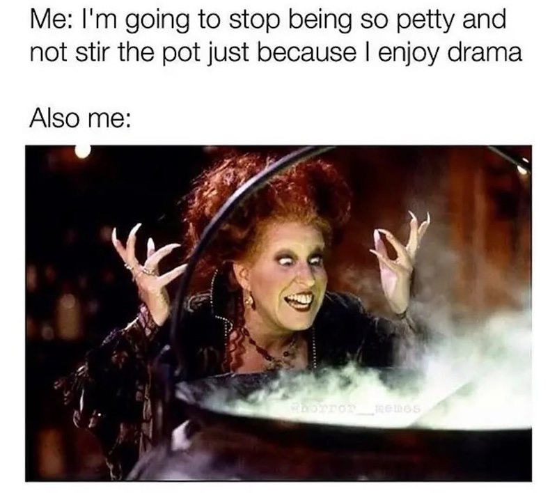 Me: I'm going to stop being so petty and not stir the pot just because I enjoy drama Also me: horror memes