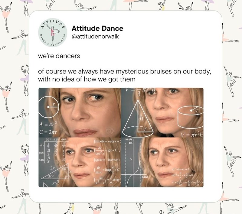 ATTITUDE DANCE ACTIVEWEAR Attitude Dance @attitudenorwalk we're dancers of course we always have mysterious bruises on our body, with no idea of how we got them A=Tr C = 2πr 30° 45° 60° V= r²h 1 sin COS √2 √3 2 2 1 [sinxdx = = cosx +C tan (6) 10 dx tgx+C, 2 COS tan 1 √3 tgxdx=-In cosx+ 2x 60° dx Intq+C sin x 30° dx e/mid ax²+bx+c=0 a(+1+)-0 arcig a