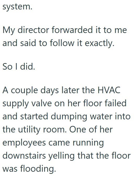 system. My director forwarded it to me and said to follow it exactly. So I did. A couple days later the HVAC supply valve on her floor failed and started dumping water into the utility room. One of her employees came running downstairs yelling that the floor was flooding.