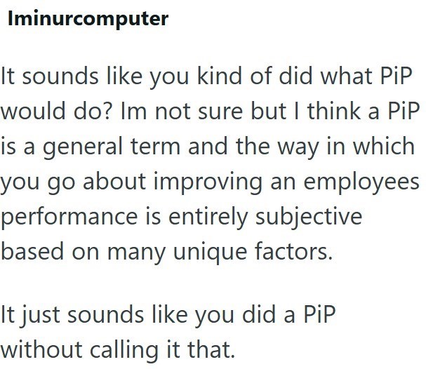 Iminurcomputer It sounds like you kind of did what PiP would do? Im not sure but I think a PiP is a general term and the way in which you go about improving an employees performance is entirely subjective based on many unique factors. It just sounds like you did a PiP without calling it that.