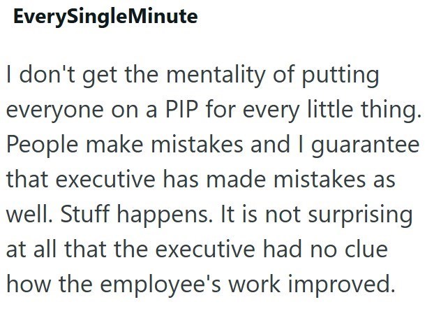EverySingleMinute I don't get the mentality of putting everyone on a PIP for every little thing. People make mistakes and I guarantee that executive has made mistakes as well. Stuff happens. It is not surprising at all that the executive had no clue how the employee's work improved.