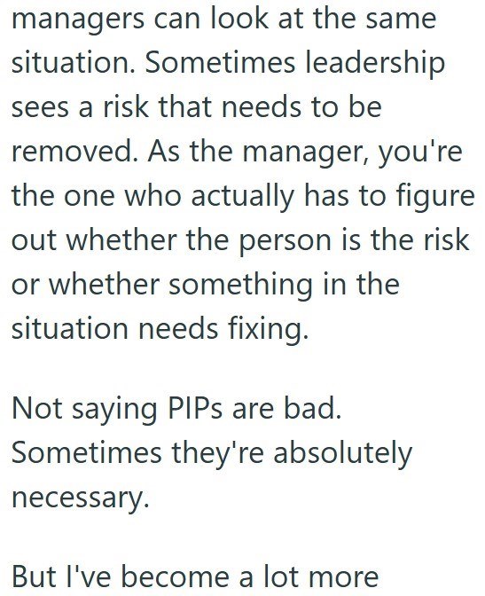 managers can look at the same situation. Sometimes leadership sees a risk that needs to be removed. As the manager, you're the one who actually has to figure out whether the person is the risk or whether something in the situation needs fixing. Not saying PIPs are bad. Sometimes they're absolutely necessary. But I've become a lot more