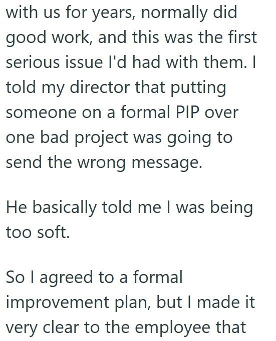 with us for years, normally did. good work, and this was the first serious issue I'd had with them. I told my director that putting someone on a formal PIP over one bad project was going to send the wrong message. He basically told me I was being too soft. So I agreed to a formal improvement plan, but I made it very clear to the employee that