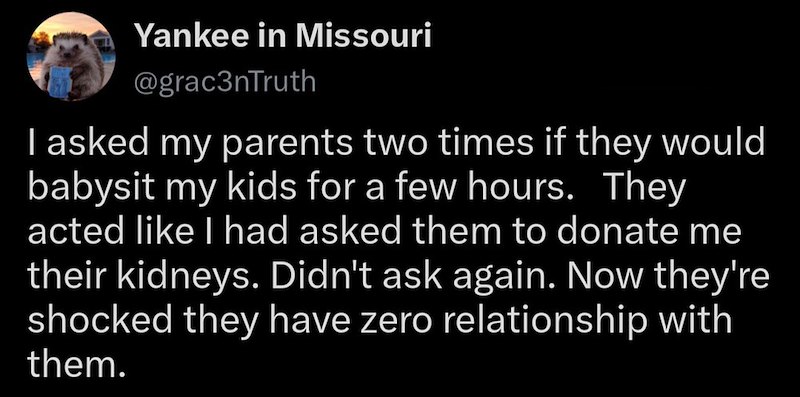 Yankee in Missouri @grac3nTruth I asked my parents two times if they would babysit my kids for a few hours. They acted like I had asked them to donate me their kidneys. Didn't ask again. Now they're shocked they have zero relationship with them.