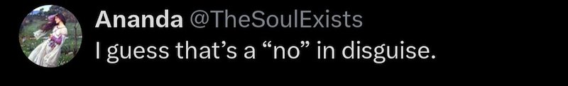 Ananda @TheSoulExists I guess that's a "no" in disguise.