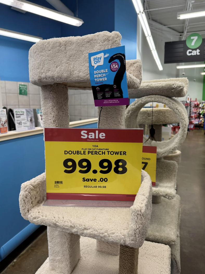 Dirty Dog Discount Car $40 Play On DOUBLE PERCH TOWER FOR CAT USA 7 Cat 19 in x 19 in x 31.5 in Sale Member price 1EA PLAY ON CAT FURNITURE DOUBLE PERCH TOWER OUND 99.98 7 Save .00 REGULAR 99.98