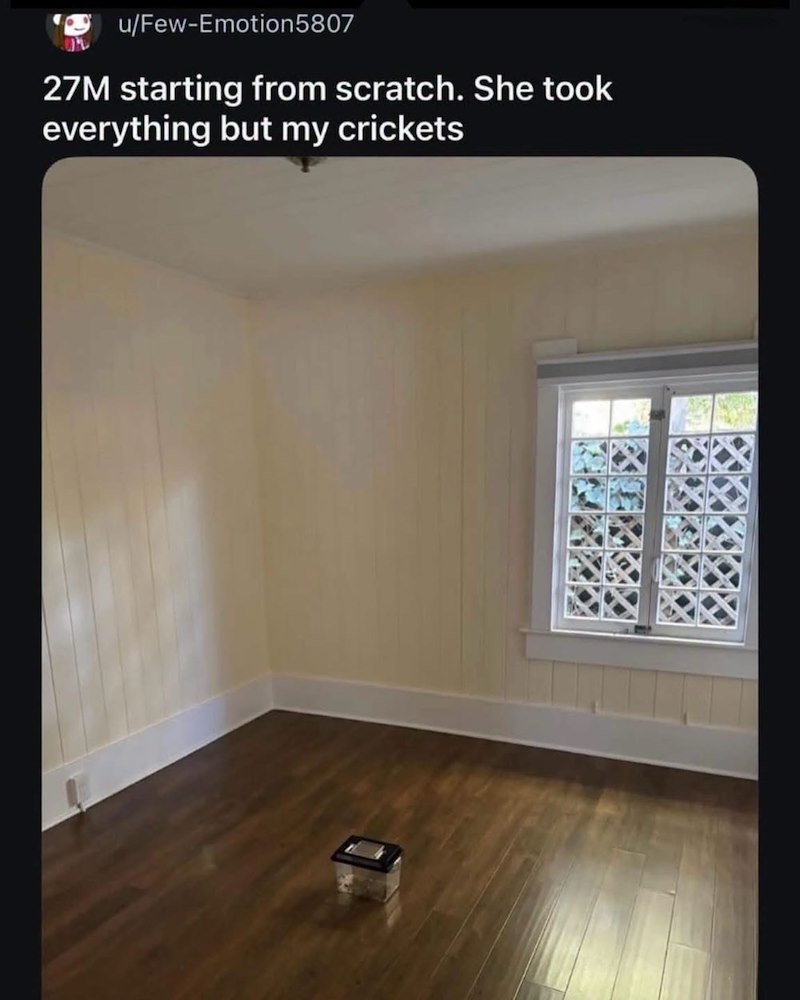 u/Few-Emotion5807 27M starting from scratch. She took everything but my crickets