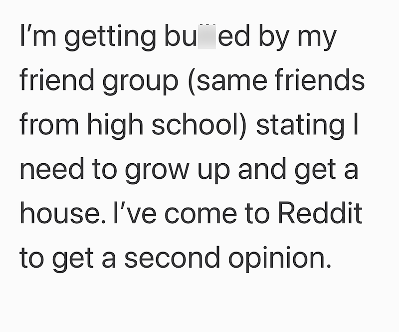 I'm getting bu ed by my friend group (same friends from high school) stating I need to grow up and get a house. I've come to Reddit to get a second opinion.