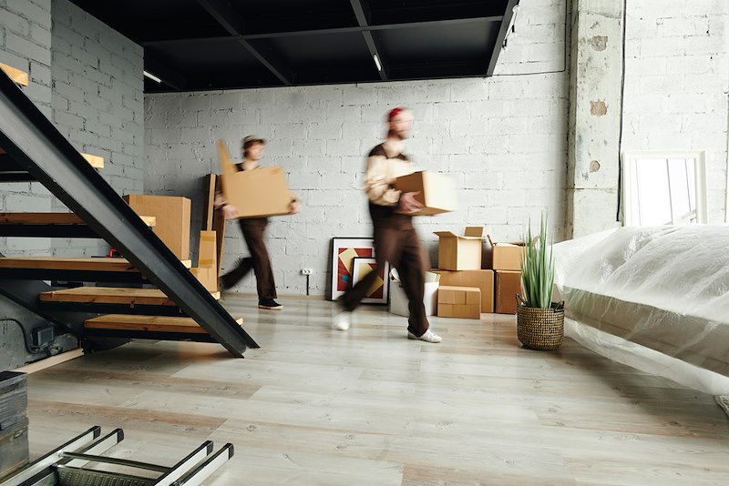 Employees quickly move boxes.