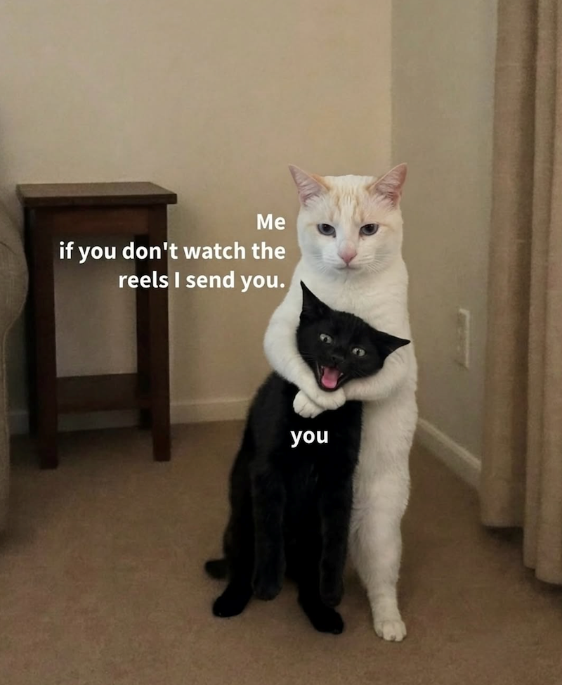 Me if you don't watch the reels I send you. you