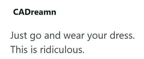 CADreamn Just go and wear your dress. This is ridiculous.