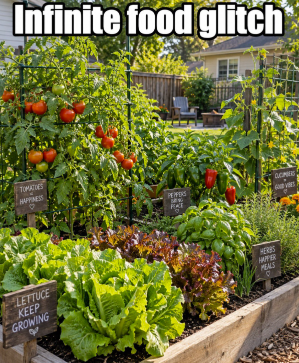 TOMATOES HAPPINESS LETTUCE KEEP GROWING Infinite food glitch PEPPERS BRING PEACE ♡ HERBS HAPPIER MEALS CUCUMBERS GOOD VIBES ♡