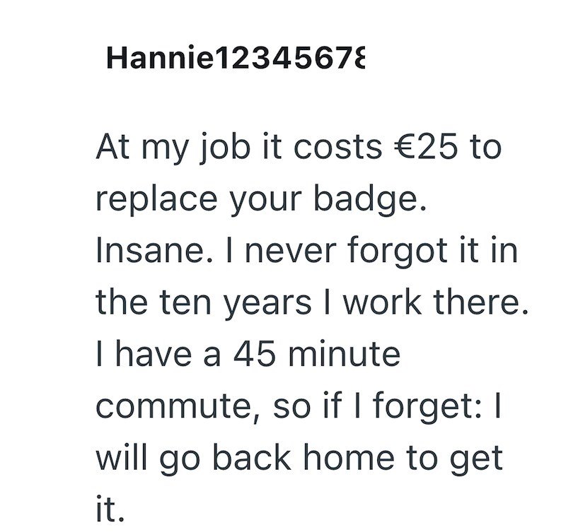 Hannie12345678 At my job it costs €25 to replace your badge. Insane. I never forgot it in the ten years I work there. I have a 45 minute commute, so if I forget: I will go back home to get it.