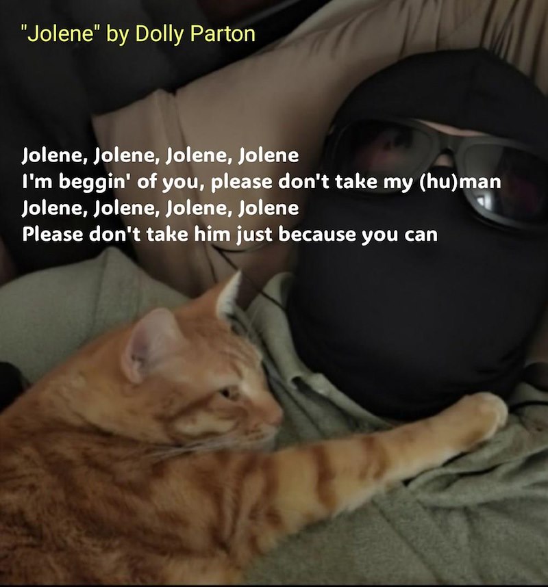"Jolene" by Dolly Parton Jolene, Jolene, Jolene, Jolene I'm beggin' of you, please don't take my (hu)man Jolene, Jolene, Jolene, Jolene Please don't take him just because you can