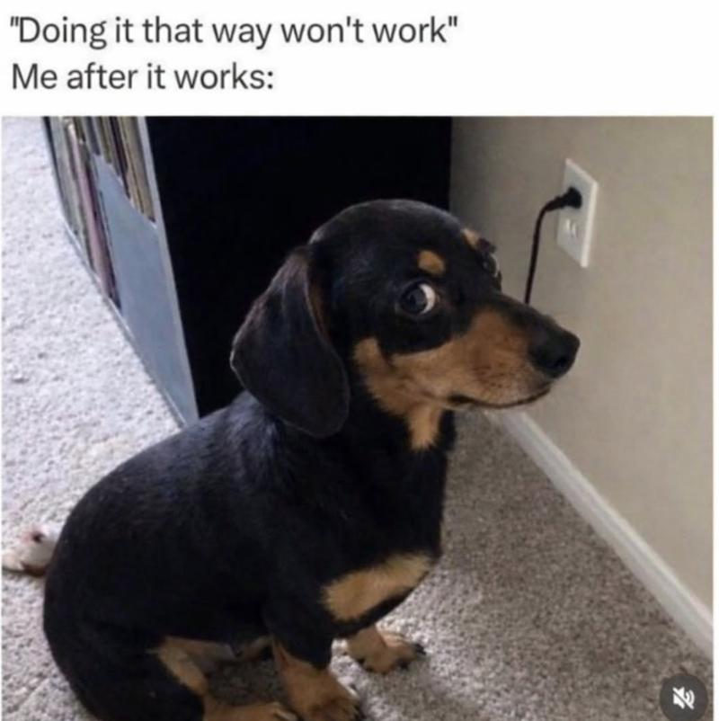 "Doing it that way won't work" Me after it works: