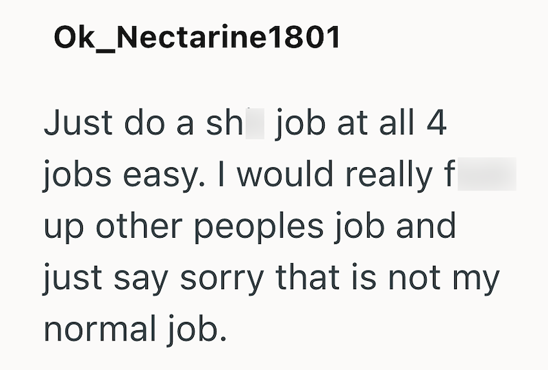 Ok_Nectarine1801 Just do a sh job at all 4 jobs easy. I would really f up other peoples job and just say sorry that is not my normal job.