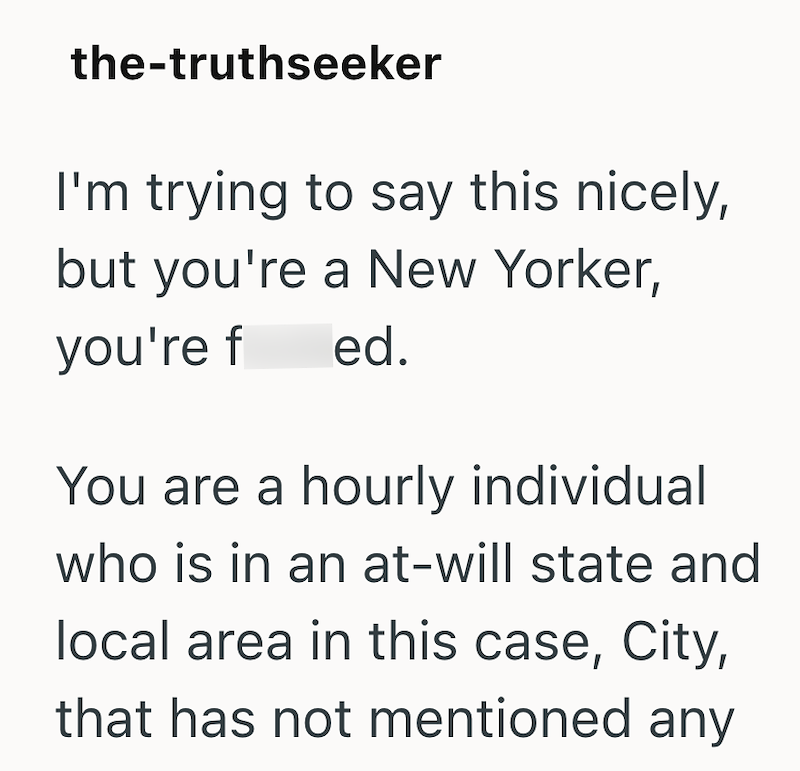 the-truthseeker I'm trying to say this nicely, but you're a New Yorker, you're f ed. You are a hourly individual who is in an at-will state and local area in this case, City, that has not mentioned any