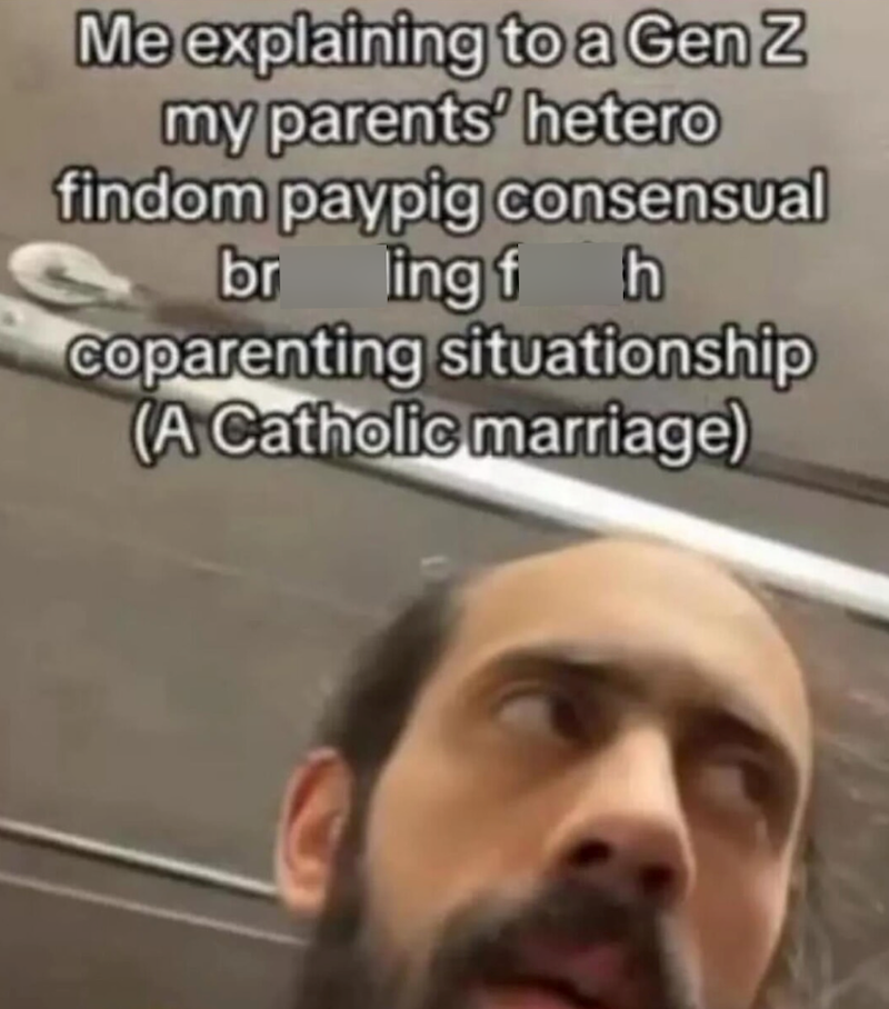 Me explaining to a Gen Z my parents' hetero findom paypig consensual br ing fh coparenting situationship (A Catholic marriage)
