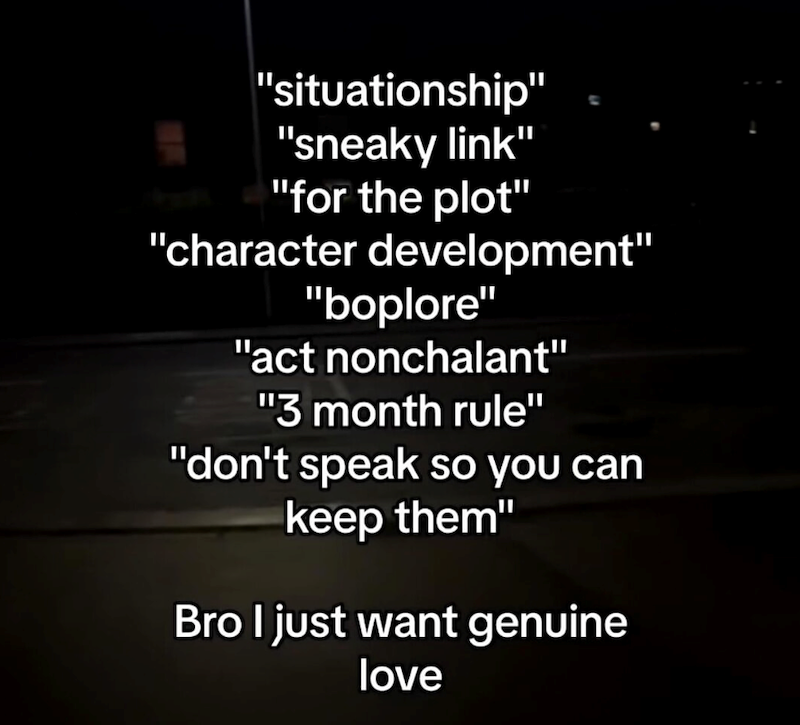 "situationship" "sneaky link" "for the plot" "character development" "boplore" "act nonchalant" "3 month rule" "don't speak so you can keep them" Bro I just want genuine love