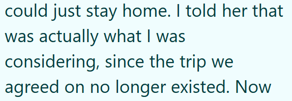 could just stay home. I told her that was actually what I was considering, since the trip we agreed on no longer existed. Now