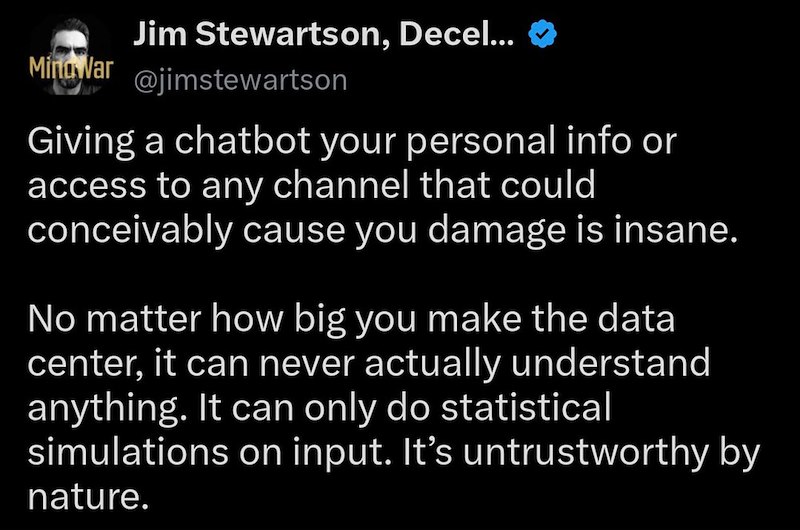 Mind War Jim Stewartson, Decel... @jimstewartson Giving a chatbot your personal info or access to any channel that could conceivably cause you damage is insane. No matter how big you make the data center, it can never actually understand anything. It can only do statistical simulations on input. It's untrustworthy by nature.