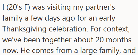 I (20's F) was visiting my partner's family a few days ago for an early Thanksgiving celebration. For context, we've been together about 20 months now. He comes from a large family, and