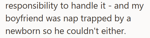responsibility to handle it - and my boyfriend was nap trapped by a newborn so he couldn't either.