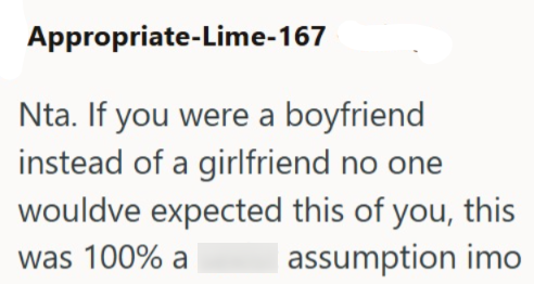 Appropriate-Lime-167 Nta. If you were a boyfriend instead of a girlfriend no one wouldve expected this of you, this was 100% a assumption imo