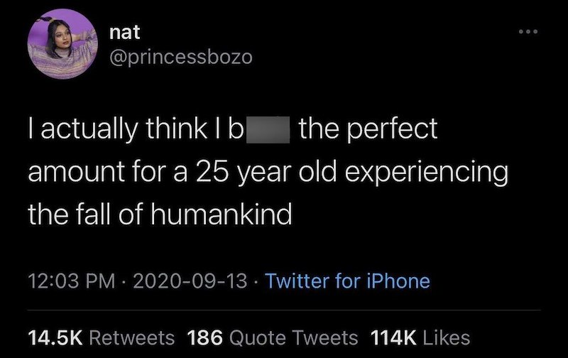 nat @princessbozo I actually think lb the perfect amount for a 25 year old experiencing the fall of humankind 12:03 PM 2020-09-13 Twitter for iPhone 14.5K Retweets 186 Quote Tweets 114K Likes