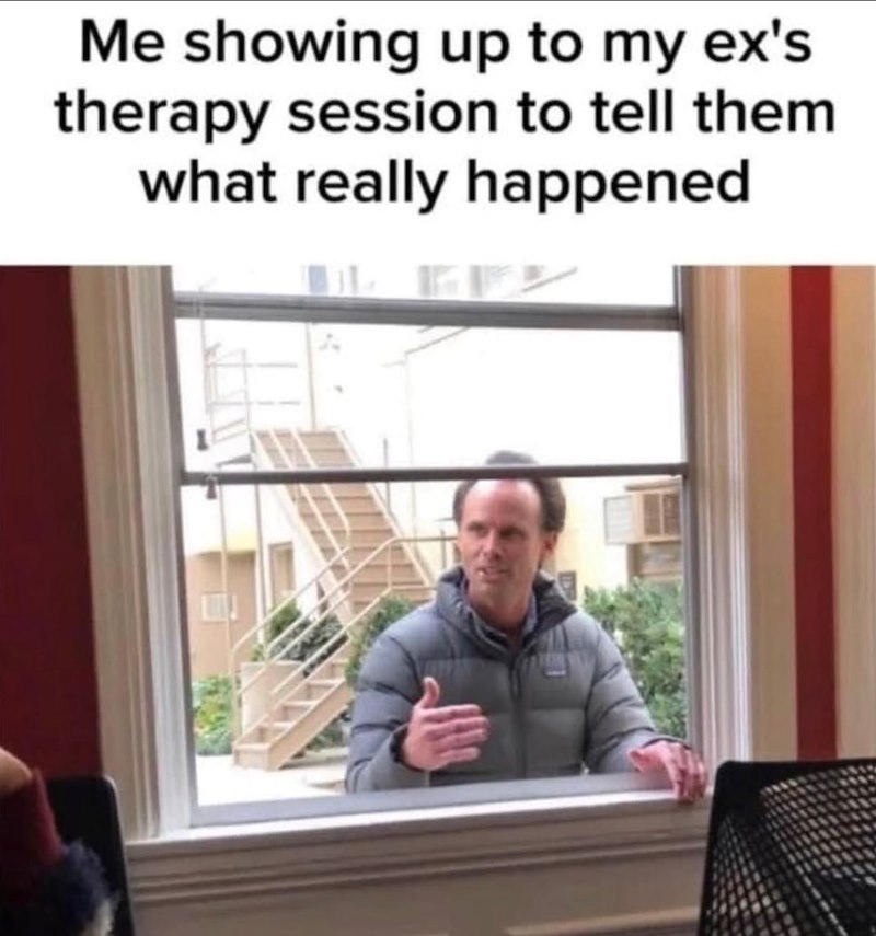 Me showing up to my ex's therapy session to tell them what really happened