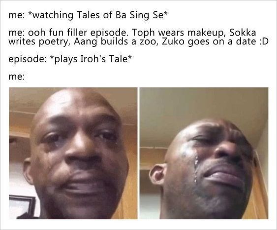me: *watching Tales of Ba Sing Se* me: ooh fun filler episode. Toph wears makeup, Sokka writes poetry, Aang builds a zoo, Zuko goes on a date :D episode: *plays Iroh's Tale* me: 7