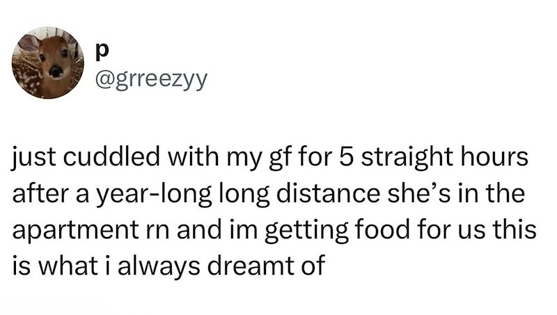 p @grreezyy just cuddled with my gf for 5 straight hours after a year-long long distance she's in the apartment rn and im getting food for us this is what i always dreamt of