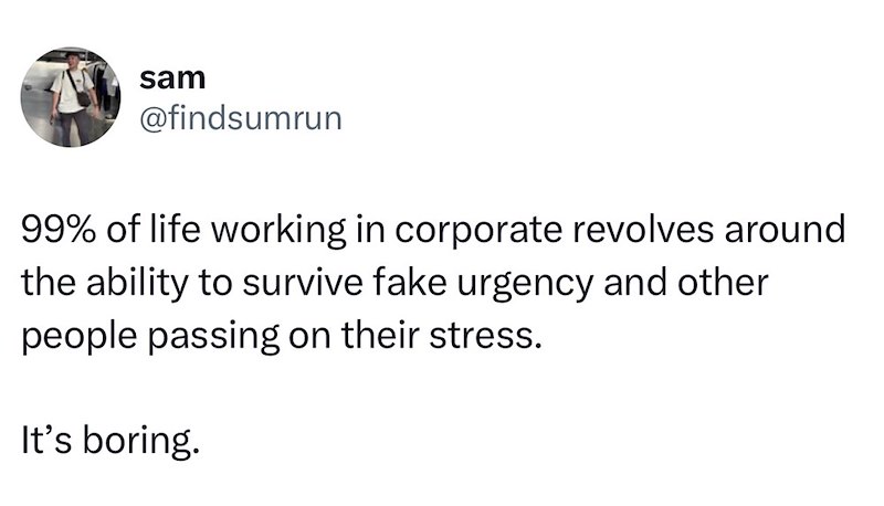 sam @findsumrun 99% of life working in corporate revolves around the ability to survive fake urgency and other people passing on their stress. It's boring.