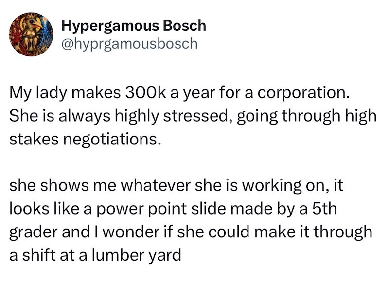 Hypergamous Bosch @hyprgamousbosch My lady makes 300k a year for a corporation. She is always highly stressed, going through high stakes negotiations. she shows me whatever she is working on, it looks like a power point slide made by a 5th grader and I wonder if she could make it through a shift at a lumber yard
